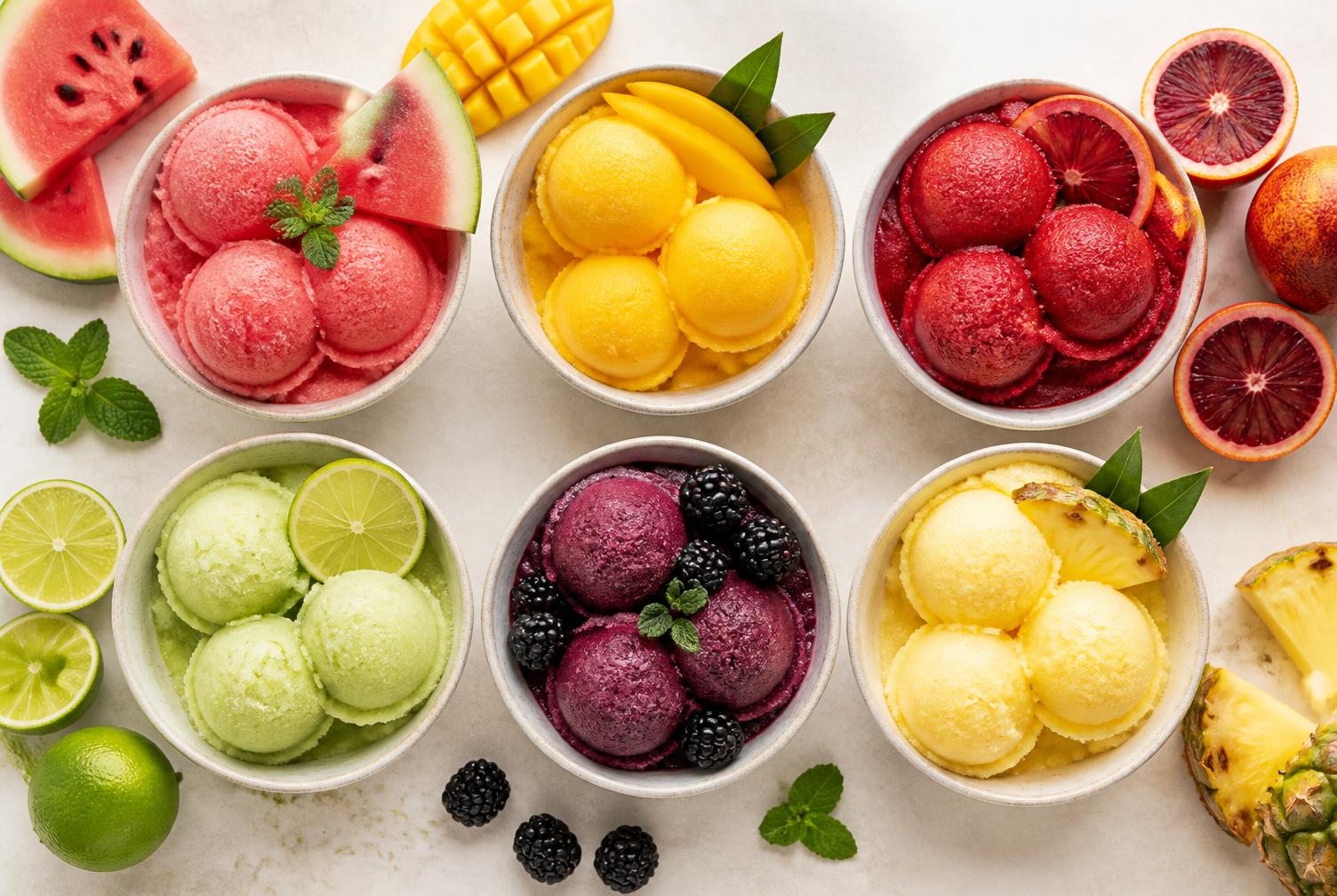 Assorted fruit sorbet flavors